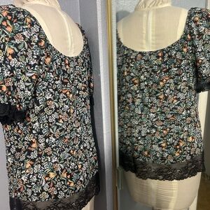a.n.a Black Floral Scoop Neck Top with Lace Trim